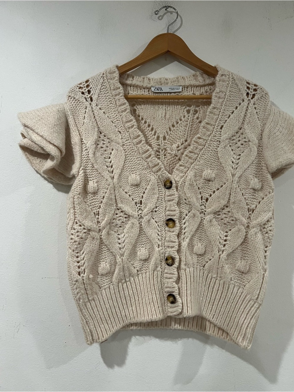 Zara Cream Cable-Knit Short Sleeve Cardigan M